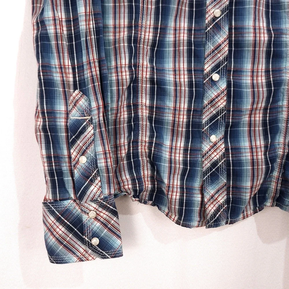 True Religion Long Sleeve Pearl Snap Shirt Mens Large Western Plaid Cowboy